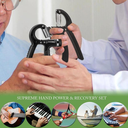5-piece hand grip kit with adjustable gripper counter, grip ring, stress ball, finger band, and hand exerciser