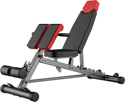 Multi-functional FID weight bench with adjustable backrest, seat pads, calf support, hyperextension setup, and transport wheels