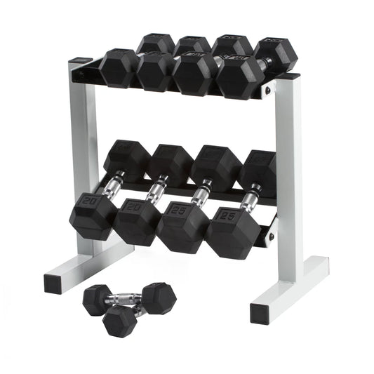 150 lb coated hex dumbbell set with pairs from 5 to 25 lb and white 2-tier steel storage rack